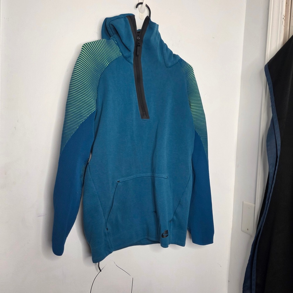 Nike Tech Knit Half Zip Hoodie Teal Blue Lime Green Mens Small 832178-457‎